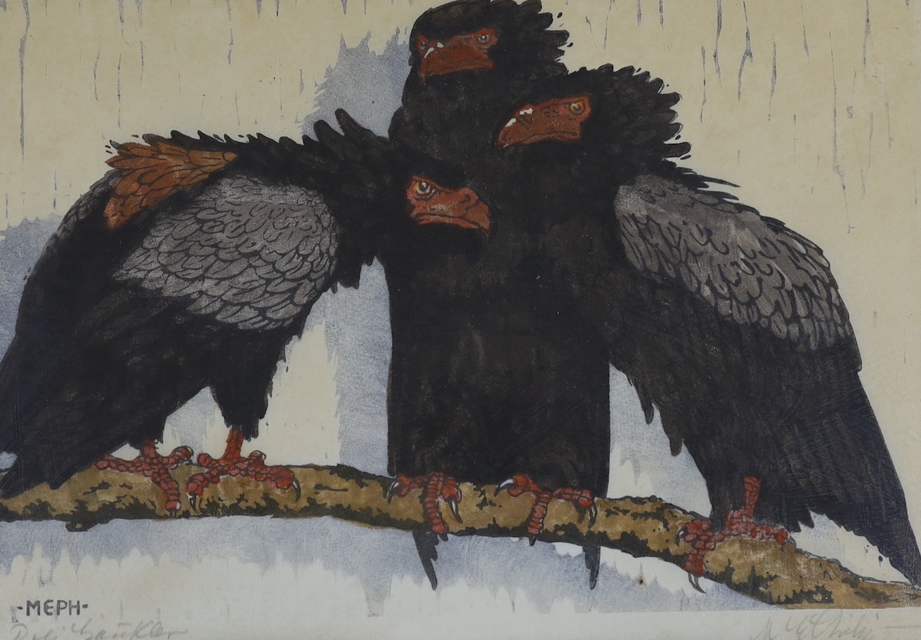 Martin Erich Phillipp (1887-1978), colour woodcut, 'Three bataleurs', signed and dated 1914, 25 x 36cm